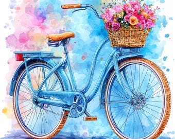 Floral Bicycle Watercolor Clipart: Printable Craft Paper (Digital Download)
