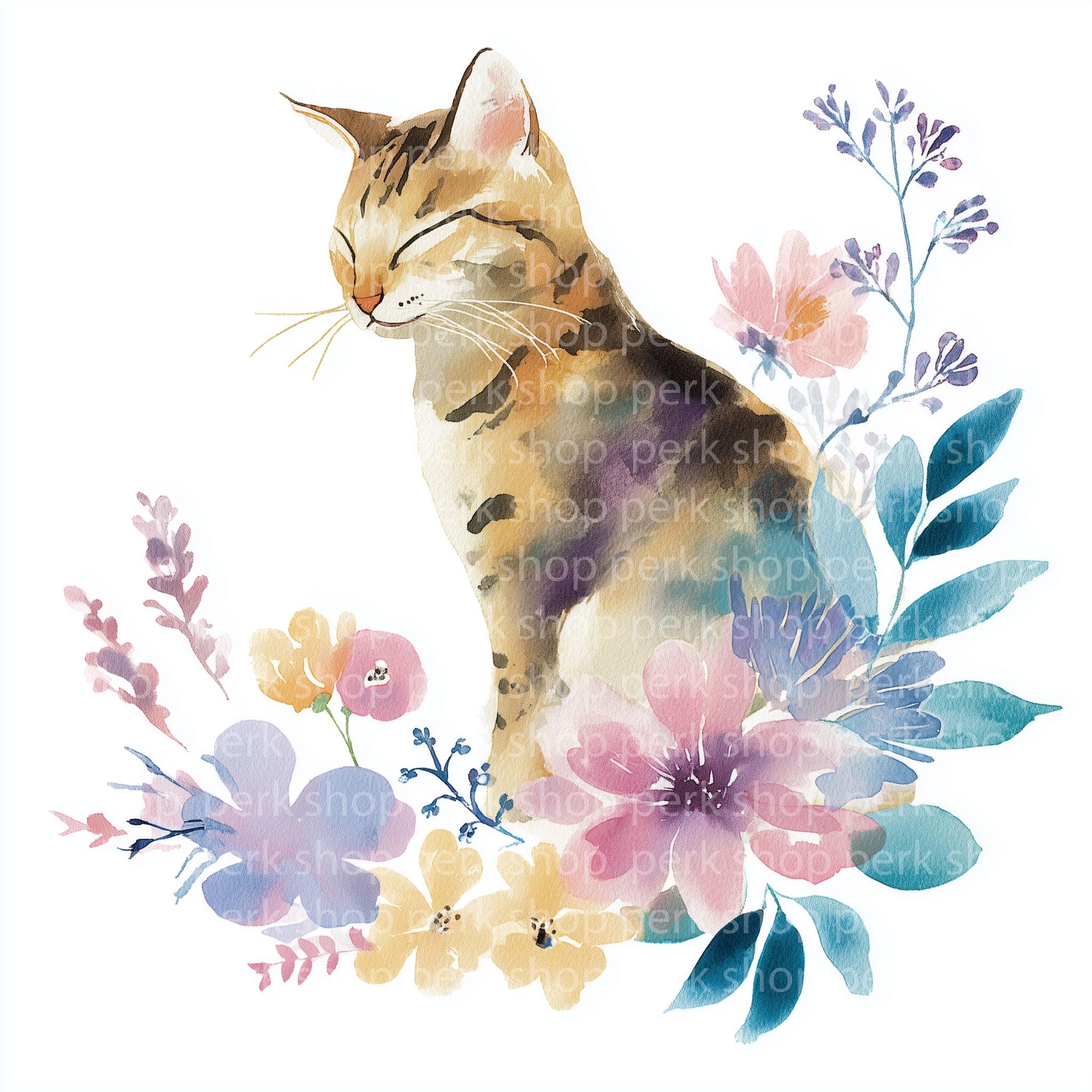 Watercolor Floral Cat Clipart Set, Premade Cute Kitten Graphics, Spring ...