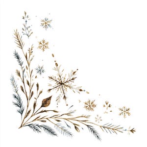 Può includere: Illustrazione ad acquerello di un design floreale angolare invernale. L'opera presenta elementi botanici marroni, dorati e verde-blu, tra cui rami, foglie e fiocchi di neve, su sfondo bianco. Adatto per progetti a tema invernale.