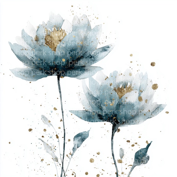 抽象的な花の水彩画クリップアート：青と金の輝き（デジタル