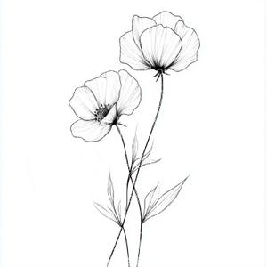 Könnte beinhalten: Eine filigrane Schwarz-Weiß-Strichzeichnung von zwei Blumen mit detaillierten Blütenblättern und schlanken Stielen. Die Illustration zeigt filigrane Schattierungen und Blattdetails vor einem sauberen weißen Hintergrund, wodurch ein minimalistisches Blumendesign entsteht.