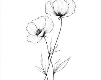 10 imágenes prediseñadas de arte lineal de flores botánicas: paquete PNG floral dibujado a mano para tatuajes y diseño.
