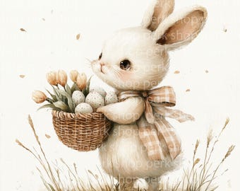 Easter Bunny Clipart: Watercolor Rabbit with Flowers (Digital Download)