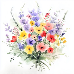 9 cliparts de fleurs sauvages d'été, bouquet floral coloré, illustration botanique peinte à la main aquarelle, invitations et impressions, art mural, png