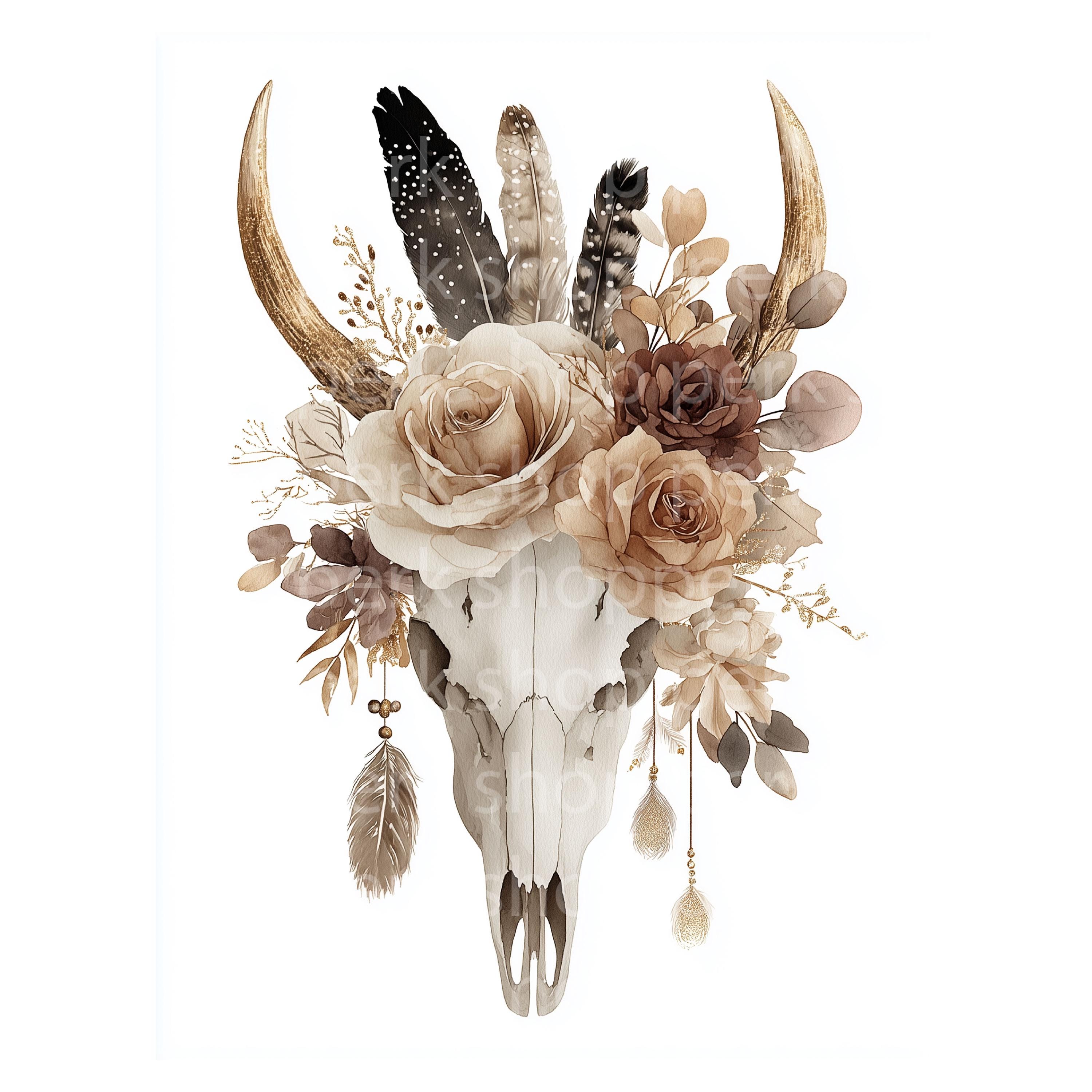 ボヘミアン風鹿の頭蓋骨の水彩画クリップアート：花の角、西洋美術