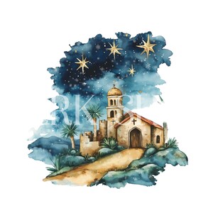 Puede incluir: Una pintura de acuarela de una iglesia con un campanario y un cielo estrellado. La iglesia est&aacute; rodeada de palmeras y un camino de tierra que conduce a ella. El cielo es azul oscuro con nubes blancas y estrellas.