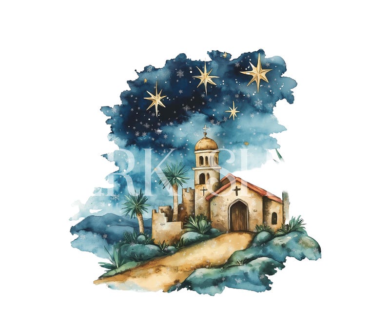 Puede incluir: Una pintura de acuarela de una iglesia con un campanario y un cielo estrellado. La iglesia est&aacute; rodeada de palmeras y un camino de tierra que conduce a ella. El cielo es azul oscuro con nubes blancas y estrellas.