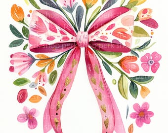 Floral Bow Clipart: Watercolor Coquette Ribbon Flowers (JPEGs & PNGs)