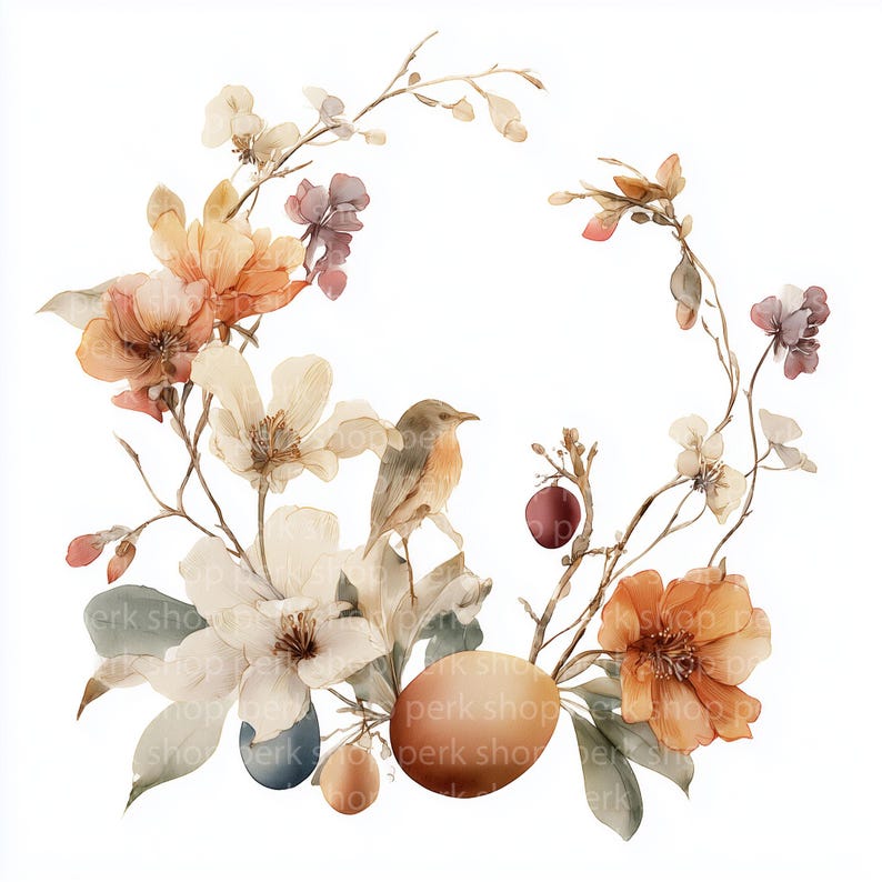 9 Easter Floral Wreath Clipart PNG, Watercolor Spring Flowers Eggs ...