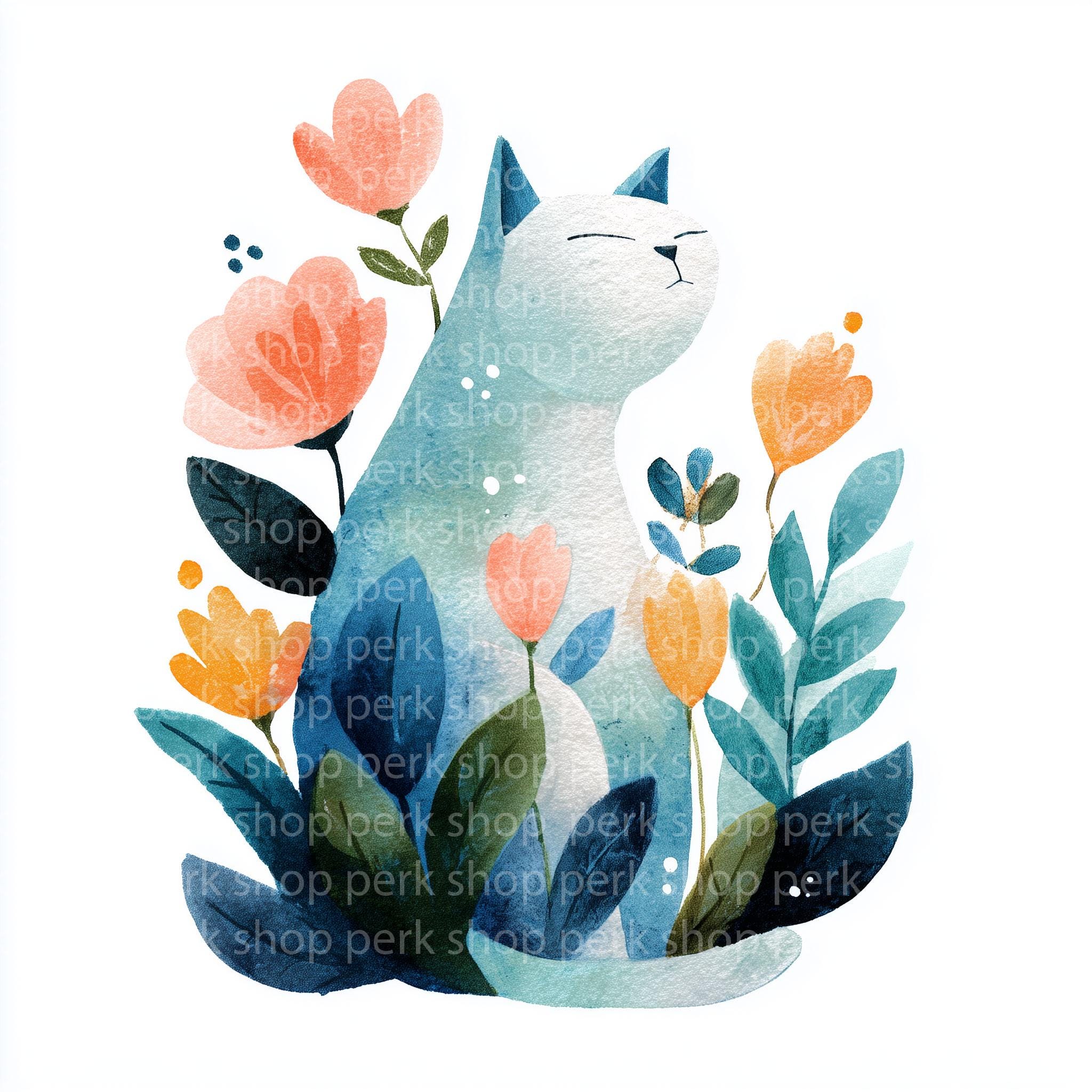 Watercolor Floral Cat Clipart Set, Premade Cute Kitten Graphics, Spring ...