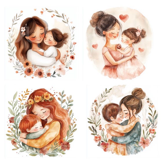 水彩画の母と子のクリップアート：母の日イラスト（デジタル