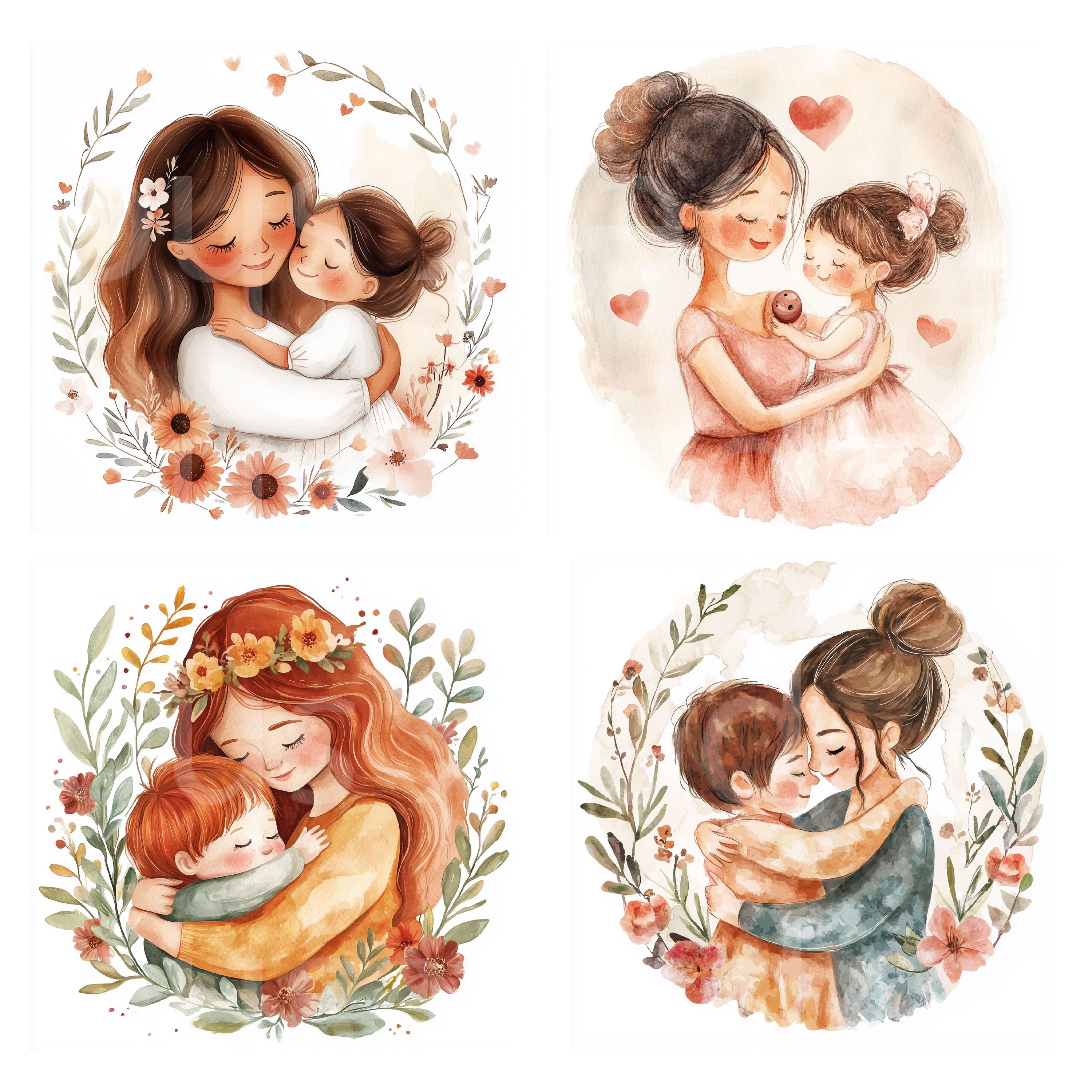 水彩画の母と子のクリップアート：母の日イラスト（デジタル