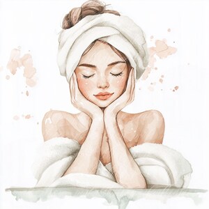May include: A watercolor illustration of a woman with her eyes closed, wearing a white towel wrapped around her head and a white robe. She is resting her hands on her cheeks, with a soft, serene expression.