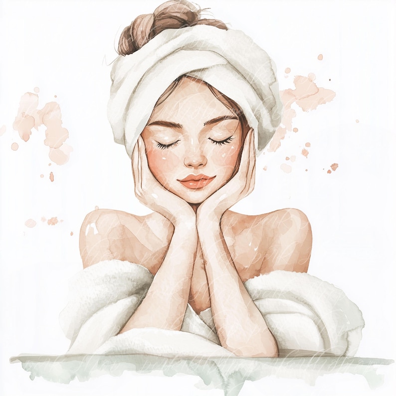 May include: A watercolor illustration of a woman with her eyes closed, wearing a white towel wrapped around her head and a white robe. She is resting her hands on her cheeks, with a soft, serene expression.