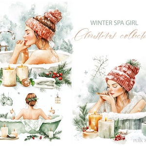 15 imágenes prediseñadas de acuarela de chica de spa de invierno, tema de baño navideño, descarga digital, papel artesanal imprimible, pegatinas de bricolaje, diario basura, álbum de recortes