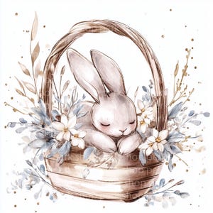 14 cliparts lapin de Pâques, clipart Pâques, lapin endormi dans un panier de fleurs, aquarelle de Pâques imprimable, carte de visite, journal indésirable, album de scrapbooking