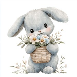 Clipart di coniglietto di Pasqua, coniglietto con fiori di cestino, carta per scrapbooking, adesivo per biglietti, invito digitale, caccia alle uova floreale, blu