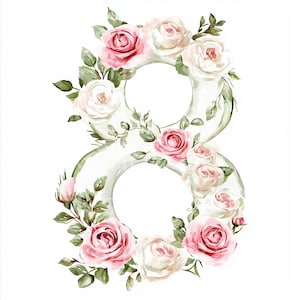 Floral número 8 Clipart, 8 de março Flores aquarela, Dia da Mulher digital clip art, Download instantâneo, Primavera scrapbooking, artesanato em papel
