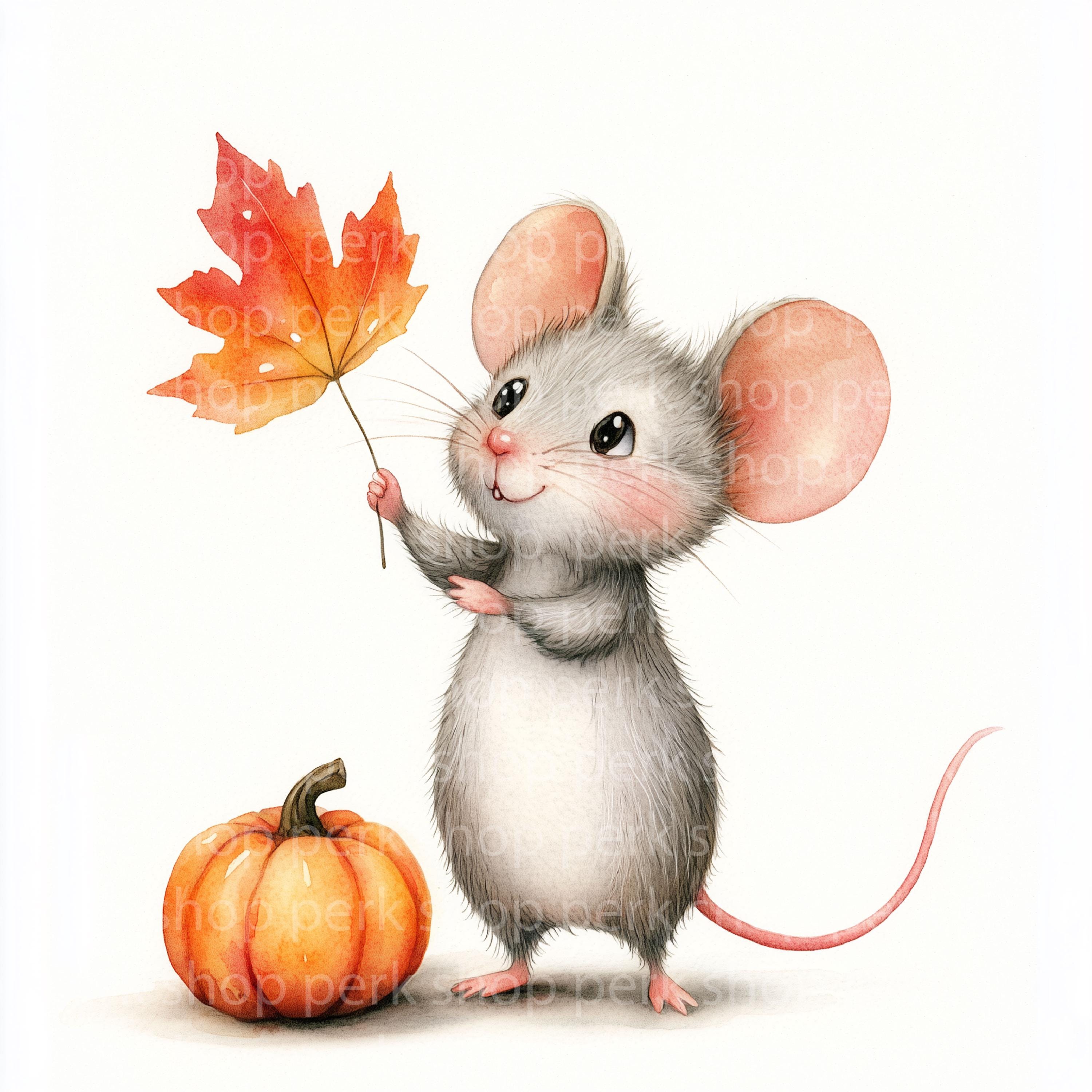 Watercolor Mouse Clipart: Autumn Leaf & Pumpkin Designs (digital