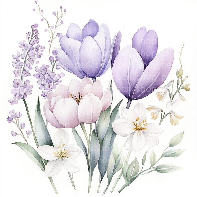 Watercolor Spring Tulip Clipart: Floral Bouquet Graphics (JPG/PNG) - Etsy