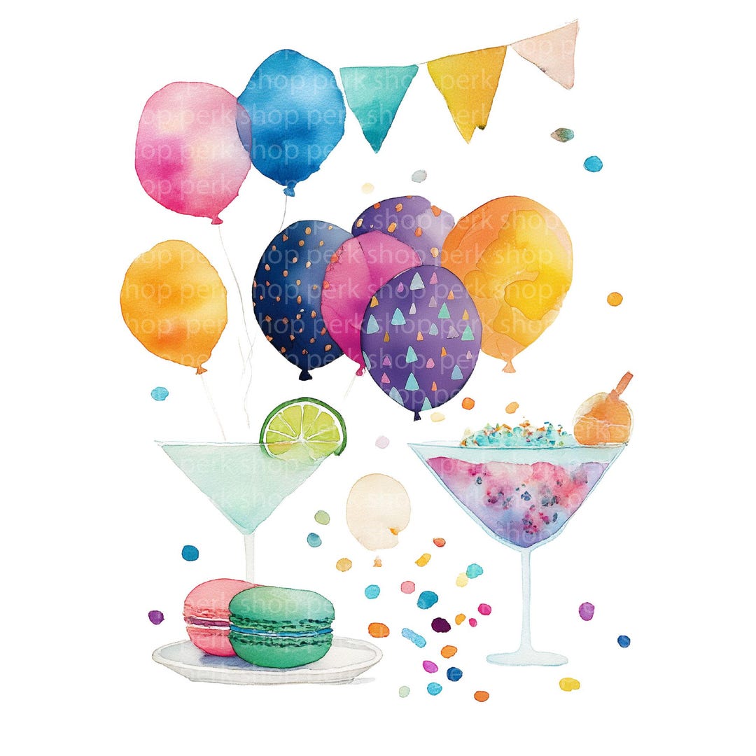 Birthday Clipart PNG, Watercolor Balloons Cake Flowers, Party ...