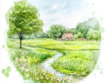 田舎の風景 デジタルアート 水彩画の田舎のクリップアート：緑の草原の風景イラスト（デジタル