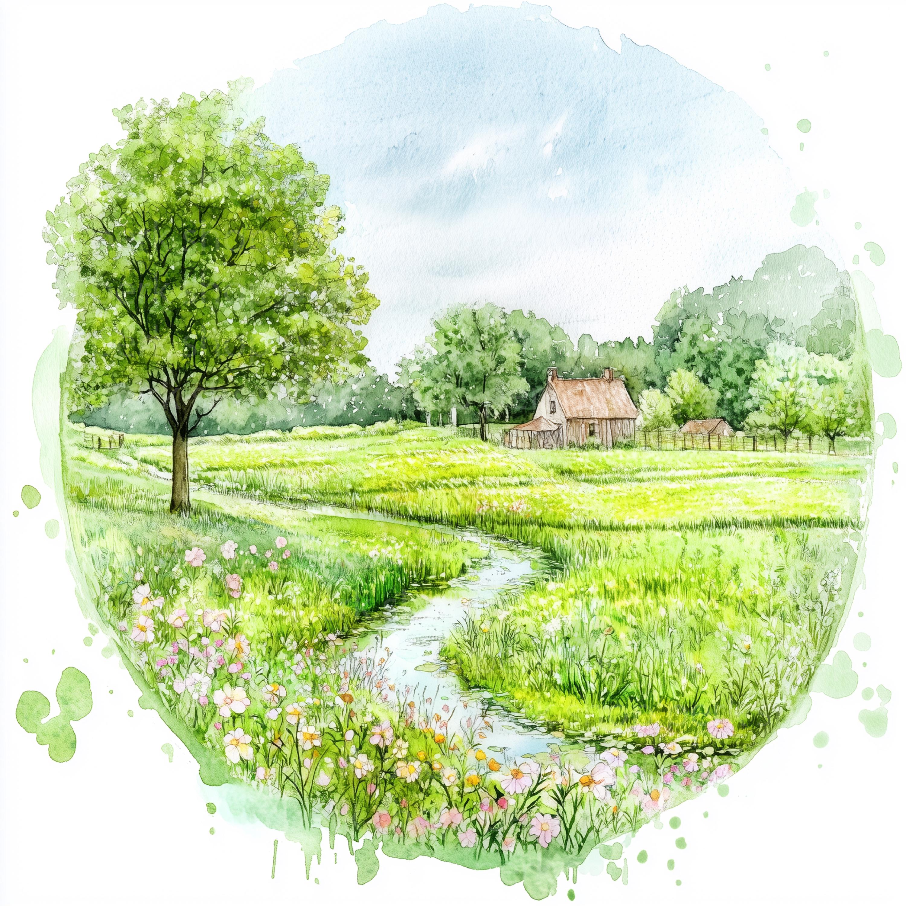 水彩画の田舎のクリップアート：緑の草原の風景イラスト（デジタル