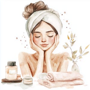 May include: A watercolor illustration of a woman with a white towel wrapped around her head, relaxing with her eyes closed. She is surrounded by spa-like items, including a bottle of lotion, a jar of cream, and a stack of towels.