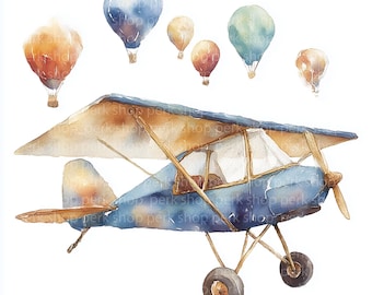 8 Watercolor Airplane Clipart with Hot Air Balloons, Vintage Plane, Travel Nursery Art, Kids Adventure Illustration