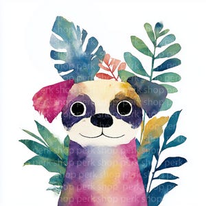 May include: Watercolor illustration of a dog with a white and tan face, black eyes, and colorful ears and body. The dog is surrounded by green and blue leaves and a white background.