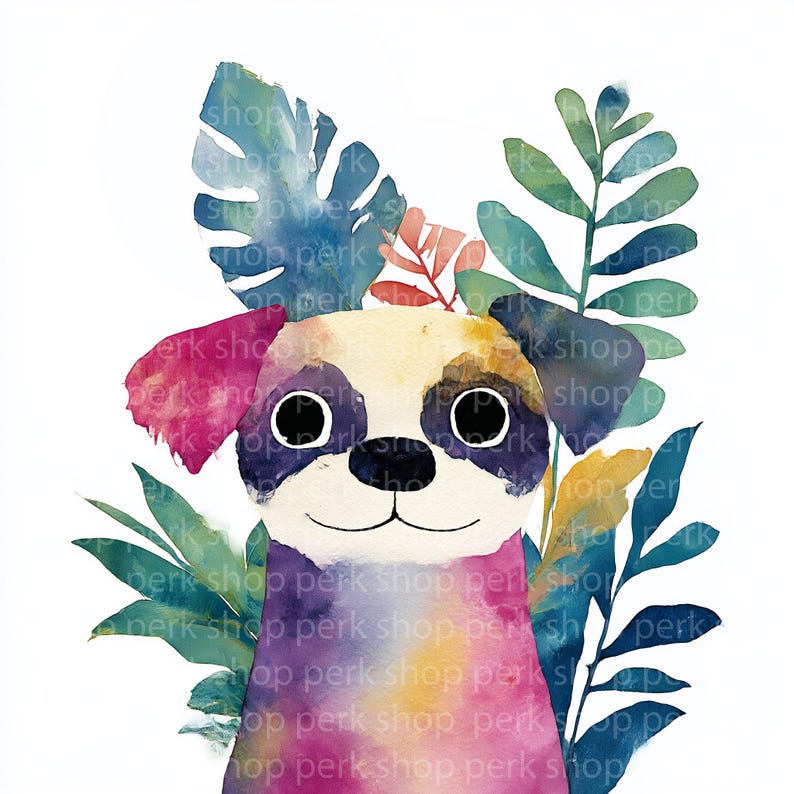 May include: Watercolor illustration of a dog with a white and tan face, black eyes, and colorful ears and body. The dog is surrounded by green and blue leaves and a white background.