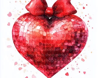 Heart Disco Ball Clipart: Valentine's Bow, Printable JPG (Digital Download)