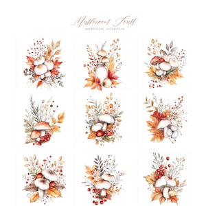 Watercolor Mushroom Clipart: Autumn Forest Botanical Illustrations (Digital Download JPG Files)