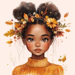 7 Whimsical Black Girl Autumn PNG Clipart, Ghirlanda floreale autunnale nei capelli, Arte ad acquerello del viso di una fata, Download digitale, Stampabile, Diario spazzatura
