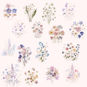 May include: A collection of sixteen distinct watercolor-style floral arrangements featuring various wildflowers in shades of blue, purple, pink, yellow, and white, displayed as individual bouquets on a solid, light-colored background.