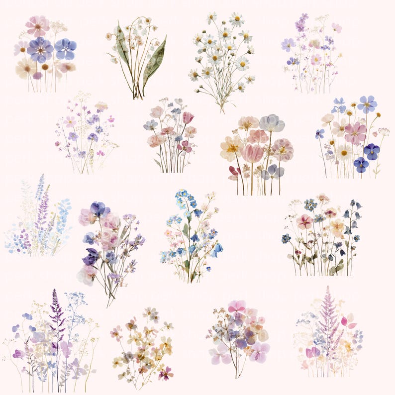 May include: A collection of sixteen distinct watercolor-style floral arrangements featuring various wildflowers in shades of blue, purple, pink, yellow, and white, displayed as individual bouquets on a solid, light-colored background.