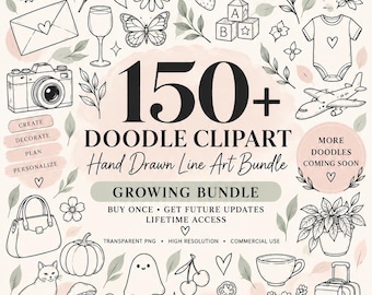 150+ Doodle Clipart Bundle, Hand Drawn Line Art PNG, Cute Doodles, Botanical Wedding Baby Fall Clipart, Commercial Use