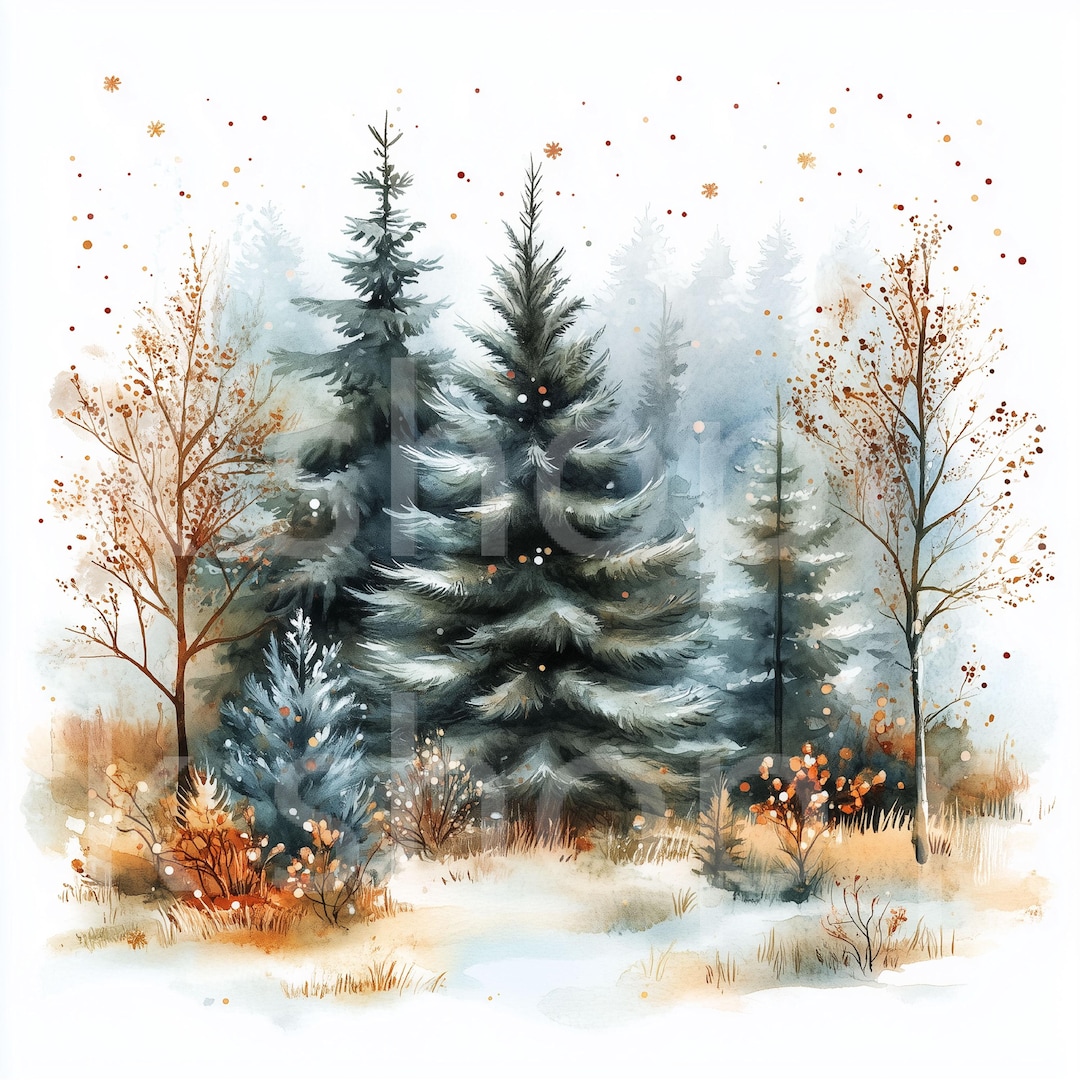 水彩画のクリスマスツリーのクリップアート：冬の森の風景（デジタル