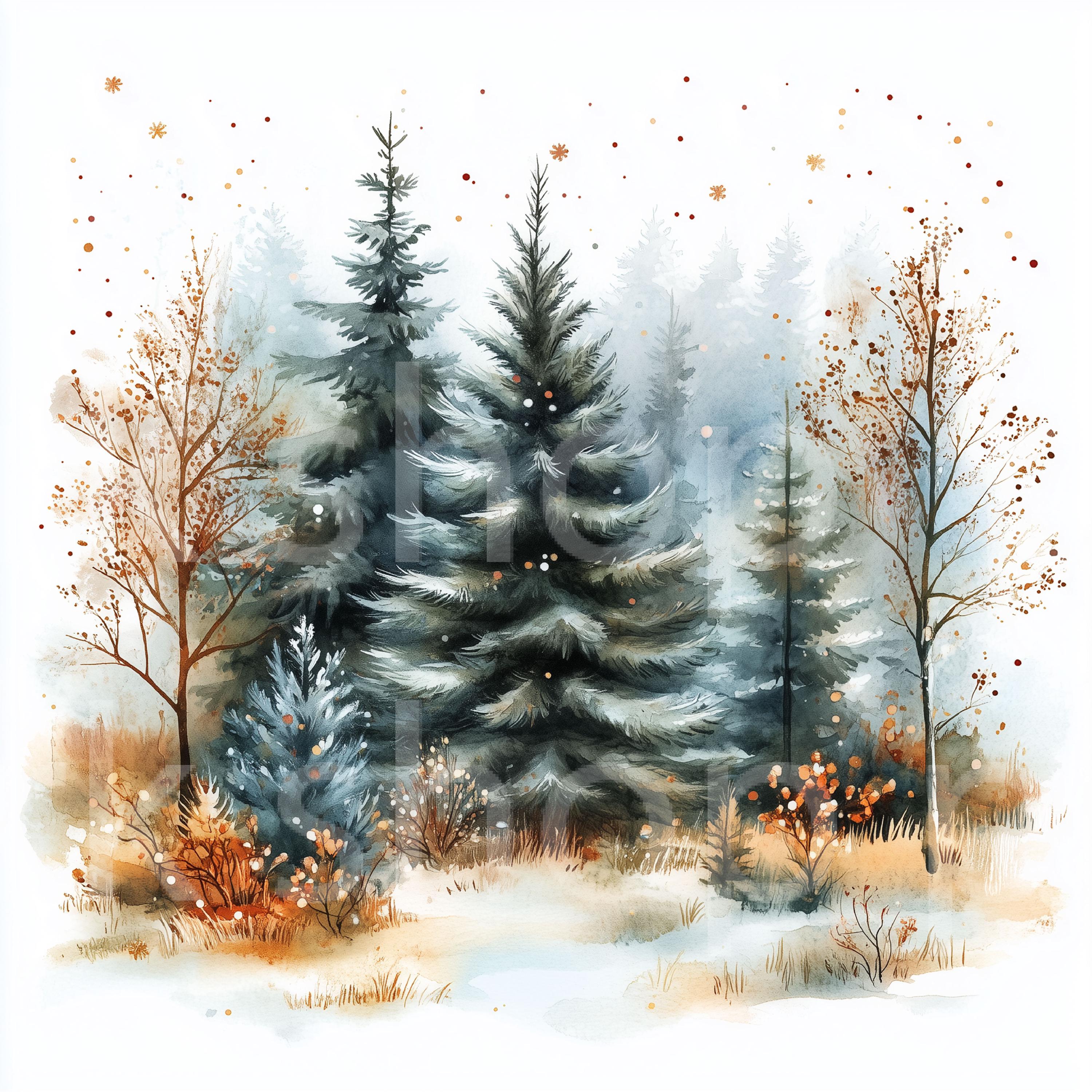 水彩画のクリスマスツリーのクリップアート：冬の森の風景（デジタル