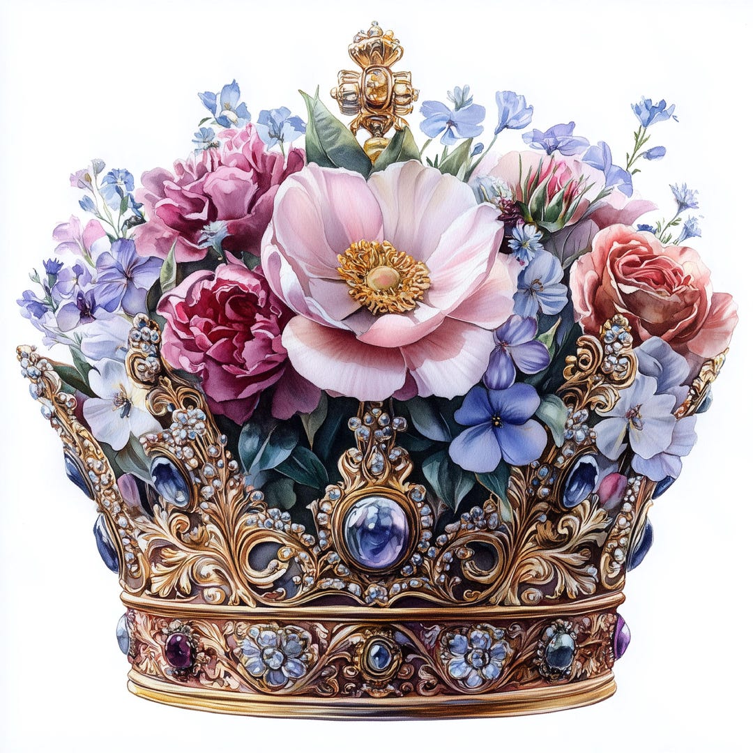 フランスアンティーク　朽ちたエクリュ色の美しい花冠（大）布花　ティアラ　ドール 花の王冠のクリップアート：水彩画の花の女王の王冠（JPG デジタル