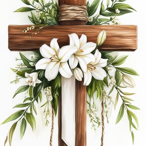 20 clipart de Páscoa cruzada, lírio crucifixo aquarela floral bíblica para impressão, papel artesanal, download digital, sublimação, PNGs de diário de lixo