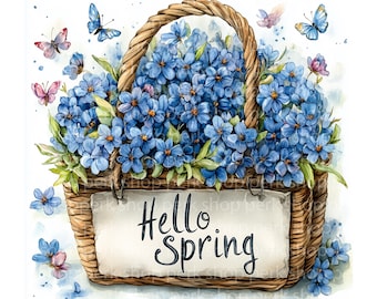 Watercolor Spring Bird Clipart: Floral Basket Images (Digital Download)