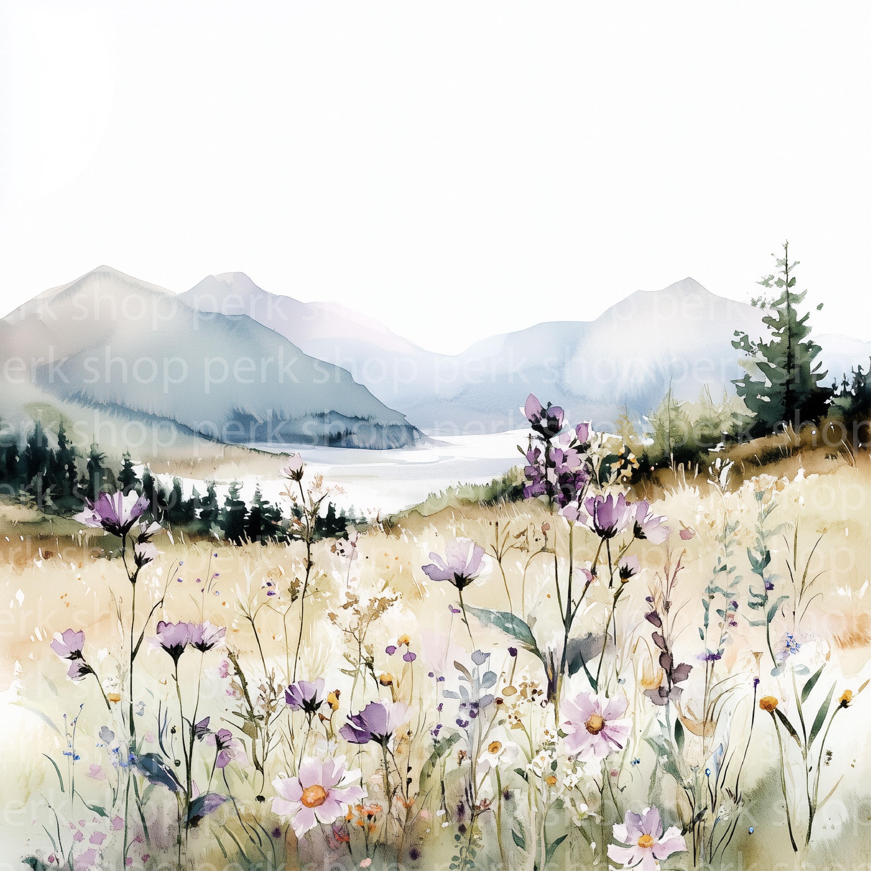 水彩画の花畑のクリップアート：夏の野原の風景（デジタルダウンロード