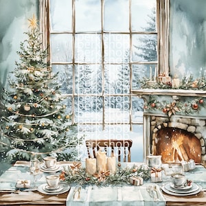 aquarelle vintage de scène de dîner de réveillon de Noël, papiers d'artisanat d'arbre de vacances d'hiver, scrapbooking imprimable fenêtre enneigée, sublimations numériques