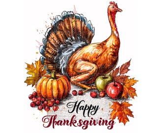 May include: Watercolor illustration of a turkey with a fanned tail, pumpkin, apples, and fall leaves. The text "Happy Thanksgiving" is written in a script font. The image has a white background.