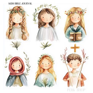 Conjunto de clipart de aquarela de personagens infantis da Bíblia caprichosa, arte de diário de lixo para impressão, leitura religiosa para crianças, download digital cristão