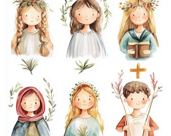 Akvarell Bibel Barn Clipart: Nyckfull kristen konst (digital nedladdning)