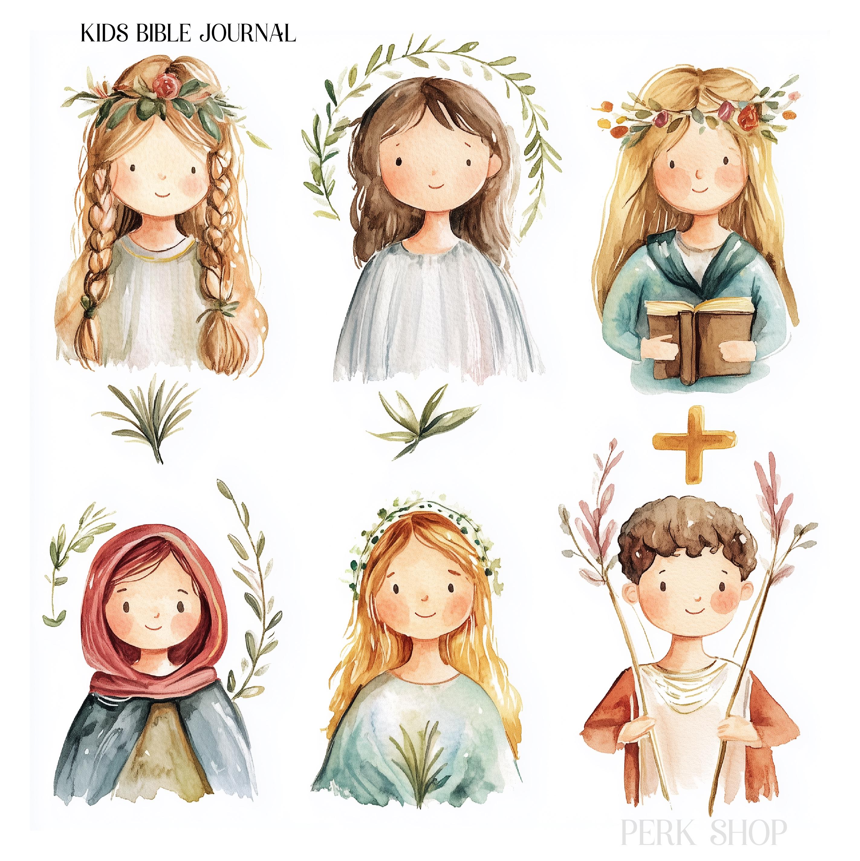 Whimsical Bible Kids Characters Watercolor Clipart Set, Printable Junk Journal art, Religious children reading, Christian digital download