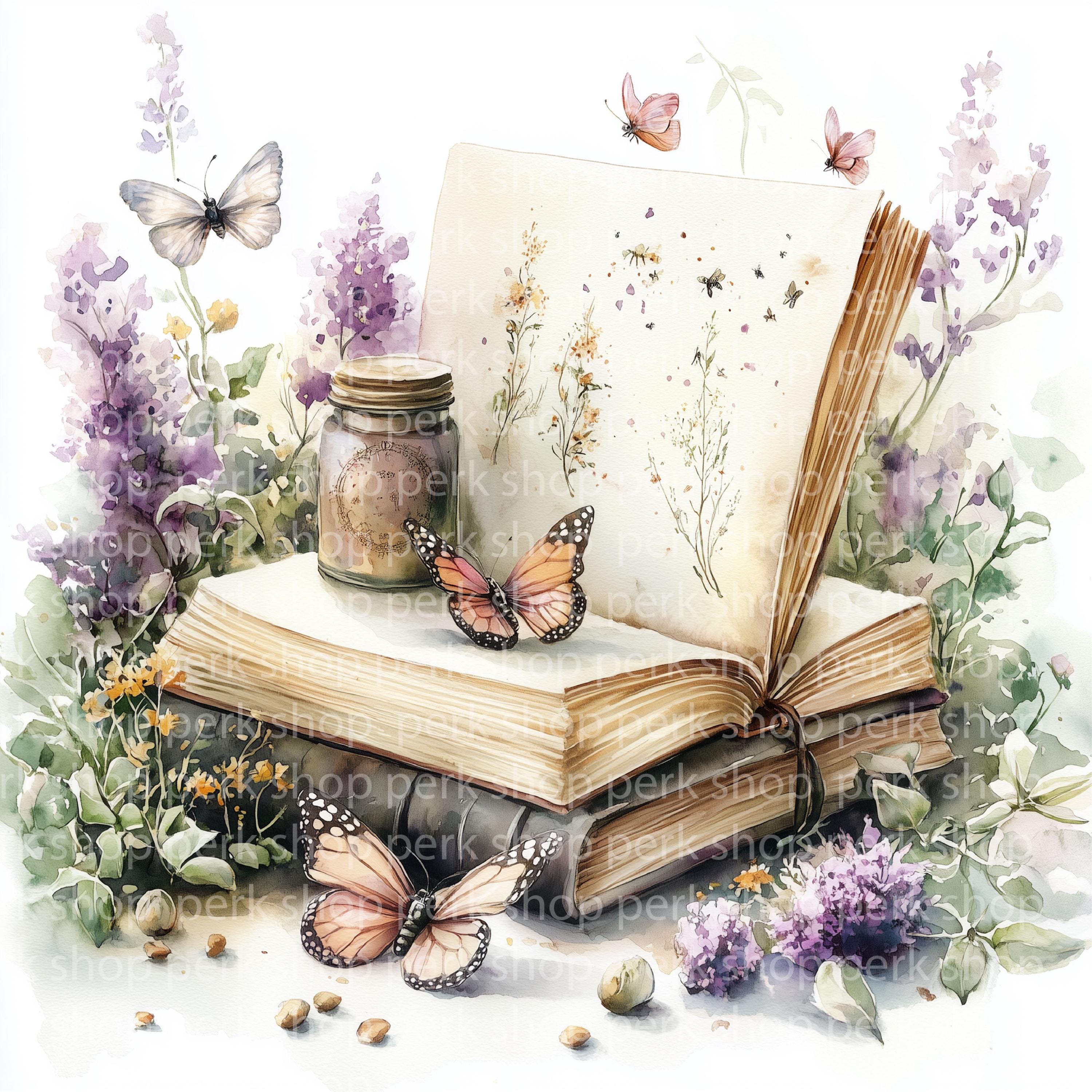 蝶の本のクリップアート：水彩画の植物イラスト（デジタルダウンロード