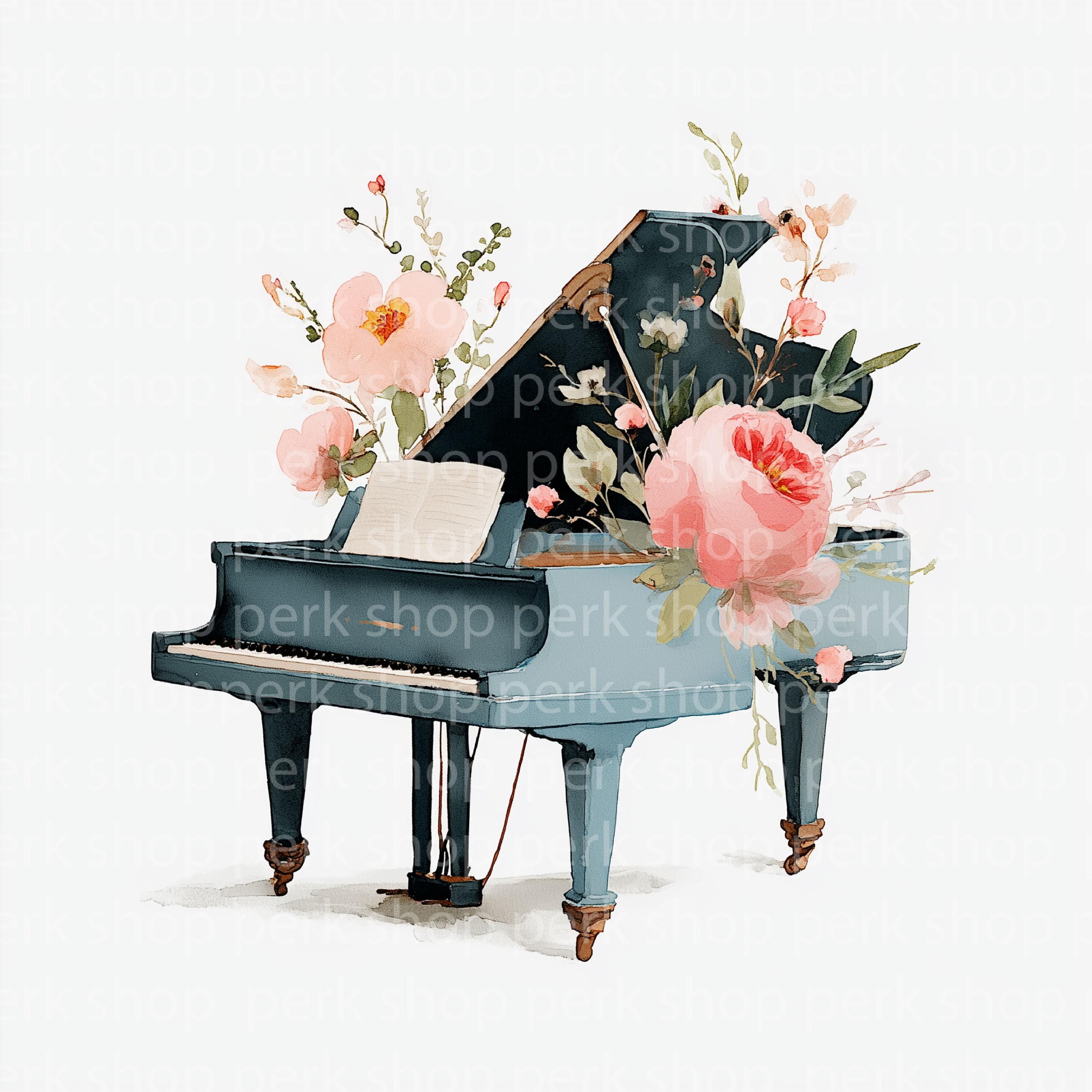 Watercolor Piano Clipart: Floral Grand Piano Illustrations (JPG